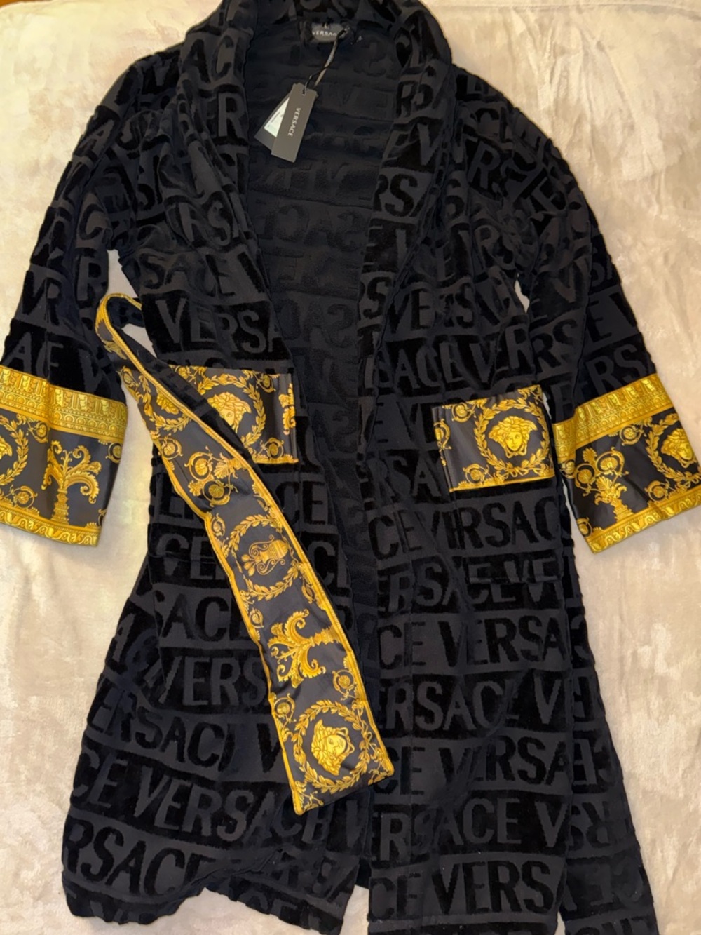 Versace Black Velvet Logo Robe with Gold Baroque Trim